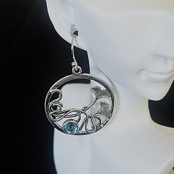 Island Willow Boutique Jewelry - 925 Silver Circle Earrings Ginkgo Leaves Inlaid Blue Crystals & Silver Wires NEW